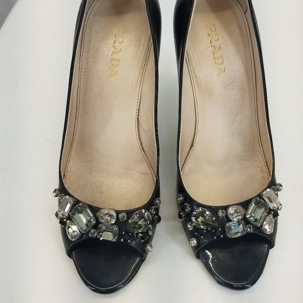 Prada Black Patent Leather Jeweled Peep-Toe Heels - Picture 5 of 9